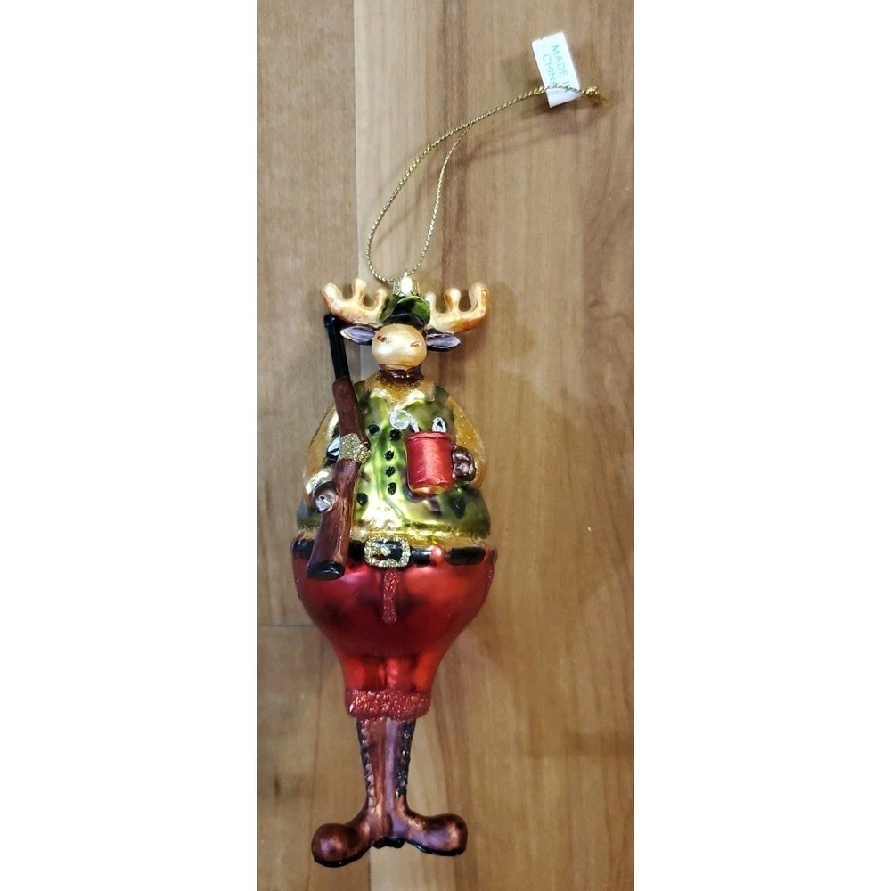 Reindeer Deer Hunter Glass Ornament Camo Vest and Hat